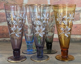 Vintage Bohemia Harlequin Pilsner/Fluted Wine Glass Set (x6) with Hand-Painted Floral Design