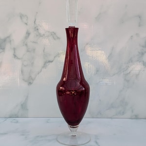 Vintage Bohemian Ruby Red Glass Decanter with Swirl Stem and Prism Stopper