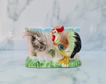 Vintage Kitsch Bunny and Rooster In Tree Stump Ceramic Planter Easter Decor