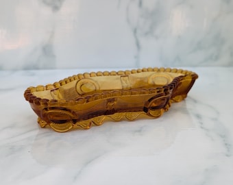 Vintage Antique 1890s Indiana Glass Dewey Flower Flange Amber Glass Condiment Tray