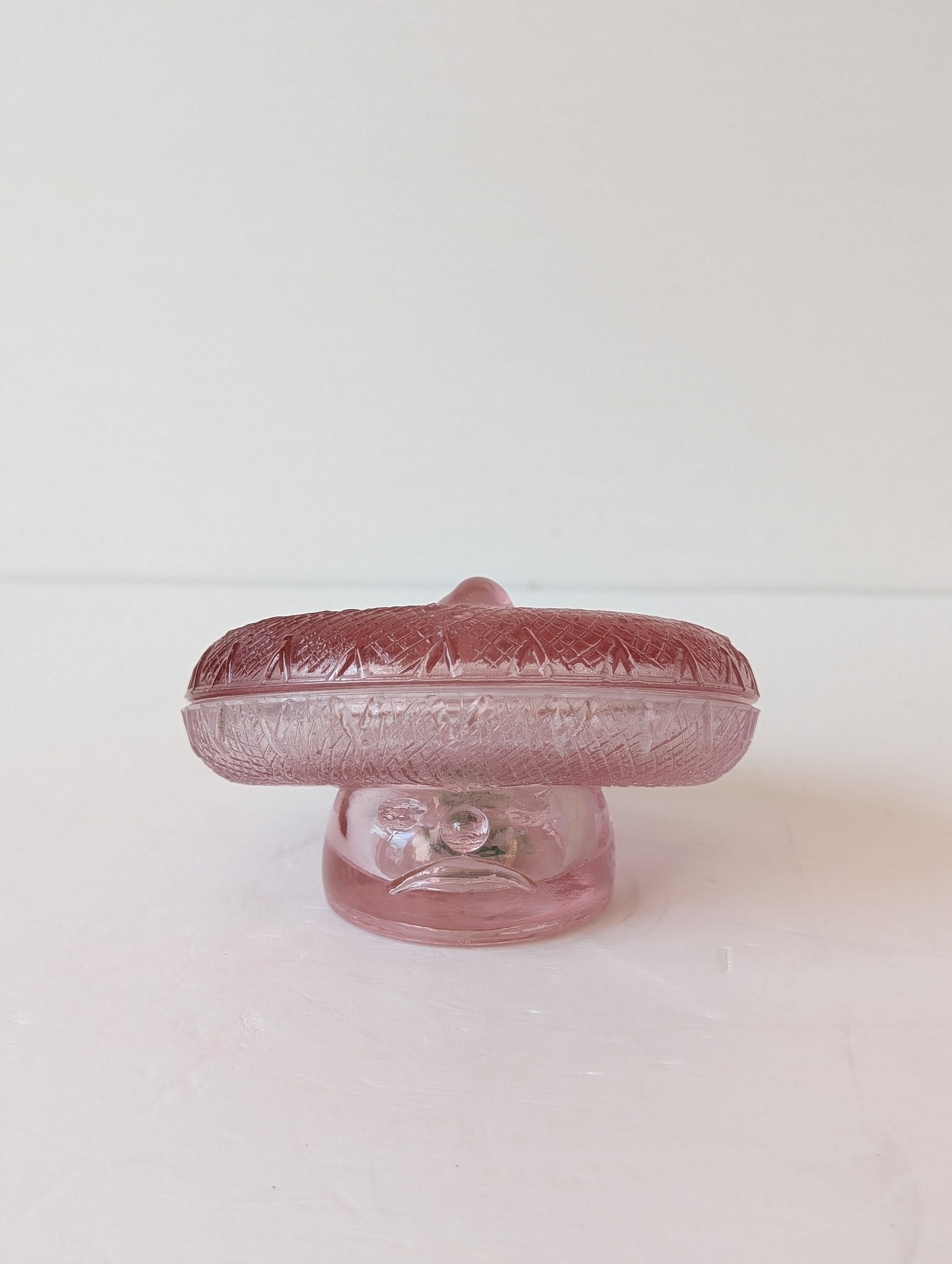 Vintage Cristallerie Antonio Imperatore Pale Pink Sombrero Figural Lidded Trinket Dish Tealight Candle Holder