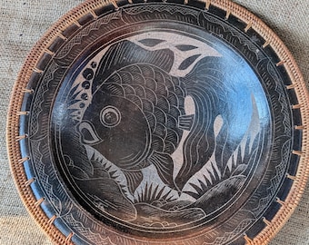 Assiette à poisson en bois sculpté à la main vintage bol pour chargeur, garniture en rotin tressé Tiki Boho