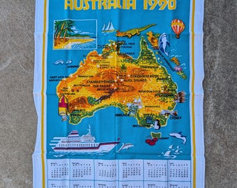 Linge à vaisselle vintage Australie 1990 avec calendrier carte : cadeau d'année de naissance rétro pour la fête des mères