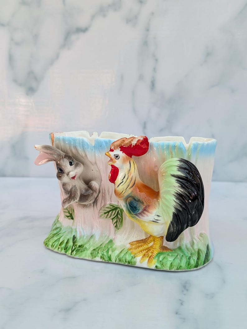 Vintage Easter Bunny Planter Kitsch Rooster Figurine Mid Century ...