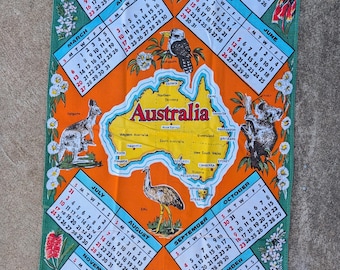 Torchon avec calendrier carte Australie 1977 : textile rétro kookaburra pour la fête des mères