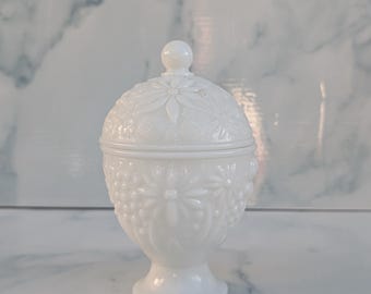 Vintage Avon Embossed Floral Milk Glass Lidded Compote Lolly Jar