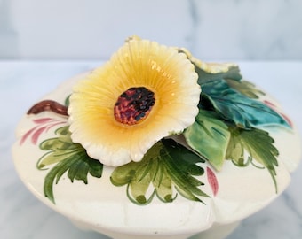 boîte à bijoux vintage italienne tournesol, plat à couvercle floral peint à la main, cadeau pour maman
