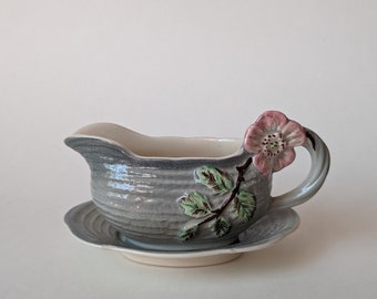 Vintage Shorter & Son Grey and Pink Wild Rose Gravy Boat Creamer and Saucer