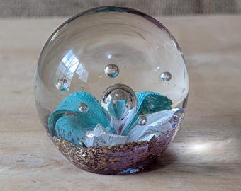 Art floral bleu sarcelle, presse-papiers en verre, améthyste, aventurine violette, décoration de bureau or tachetée