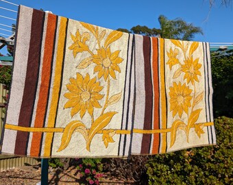 Vintage 70s 80s Brown and Orange Sunflower Cotton Bath Towels Made in Australia