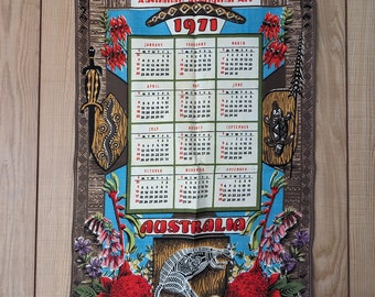 Vintage 1971 Calendar Australiana Aboriginal Art Australian Wildflowers Tea Towel