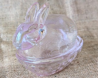Bonbonnière lapin en verre rose, panier de Pâques, boîte à bibelots, cadeau déco de table de printemps