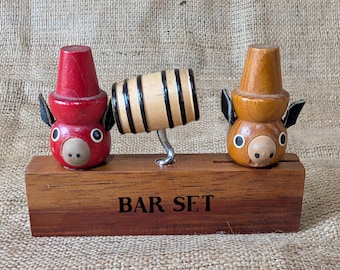 Ensemble de bar en bois vintage, Japon kitsch, bouchon tire-bouchon, tire-bouchon, décapsuleur