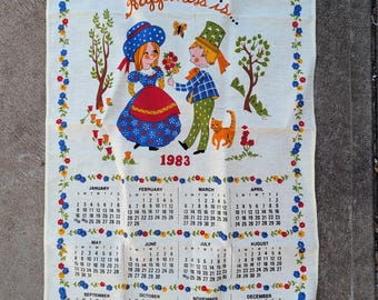 vintage 1983 Le bonheur, c'est le calendrier torchon : cadeau art populaire fantaisiste pour la fête des mères