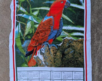Torchon avec calendrier King Parrot vintage 1989 : art australien rétro pour la fête des mères