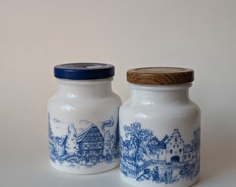 Vintage Pair White Milk Glass with Blue Landscape Mustard Jars