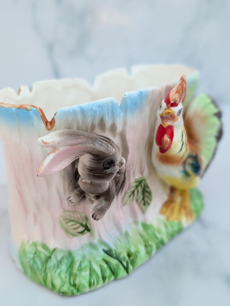 Vintage Easter Bunny Planter Kitsch Rooster Figurine Mid Century ...