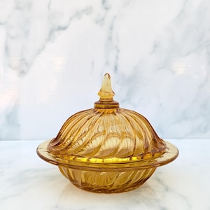 Vintage Amber Glass Swirl Lidded Candy Dish