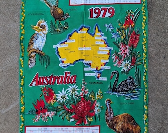 vintage 1979 calendrier australien torchon lin rétro souvenir tenture murale Australiana