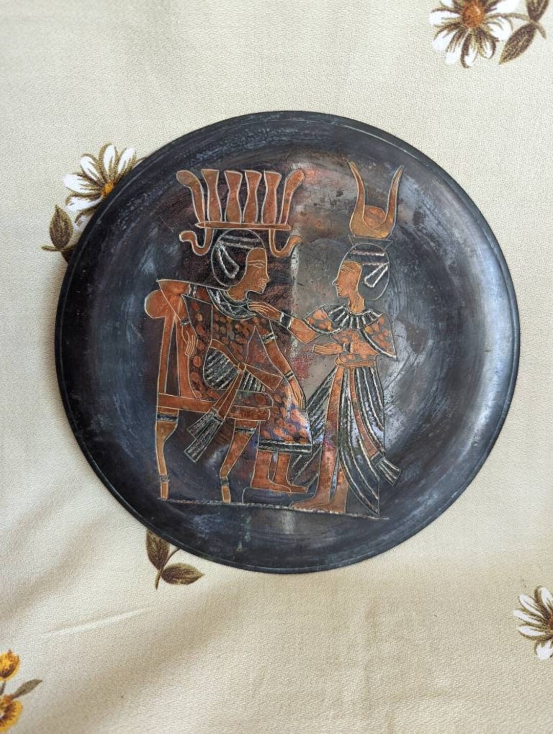 Vintage Egyptian Etched Copper Plate Wall Hanging Etsy