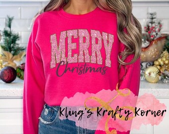 Merry Christmas Faux Glitter Sweatshirt Christmas Sweatshirt