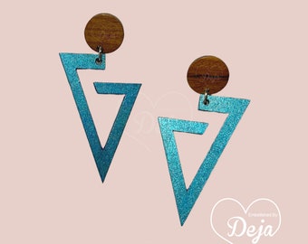 Cici Geometric Triangle Wood Earrings, Blue wooden triangle earrings, Blue triangle earrings, wood triangle earrings, last minute gifts