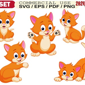 Clipart de chat mignon, SVG de chaton orange, PNG de chat de dessin animé, ensemble d'images clipart de chaton, illustration de chat ludique, conception de chat Cricut, lot d'autocollants de chat