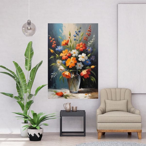 Poster with flowers in oil, Poster with bright flowers, Flowers for home decor, Poster bouquet of flowers, Flowers in a vase poster, Flowers