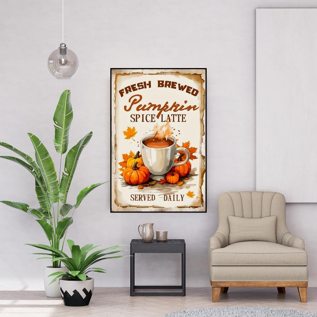 KürbisLatteSchild, HerbstCaféDekor, HerbstKaffeePoster, Kürbis