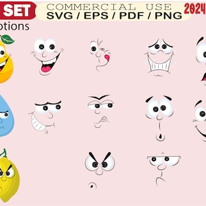 Funny Face SVG, Cartoon Emotions Clipart, Silly Expressions PNG, Kawaii Face Bundle, Cute Emoji Vector, Angry Lemon SVG, Happy Drop Clipart
