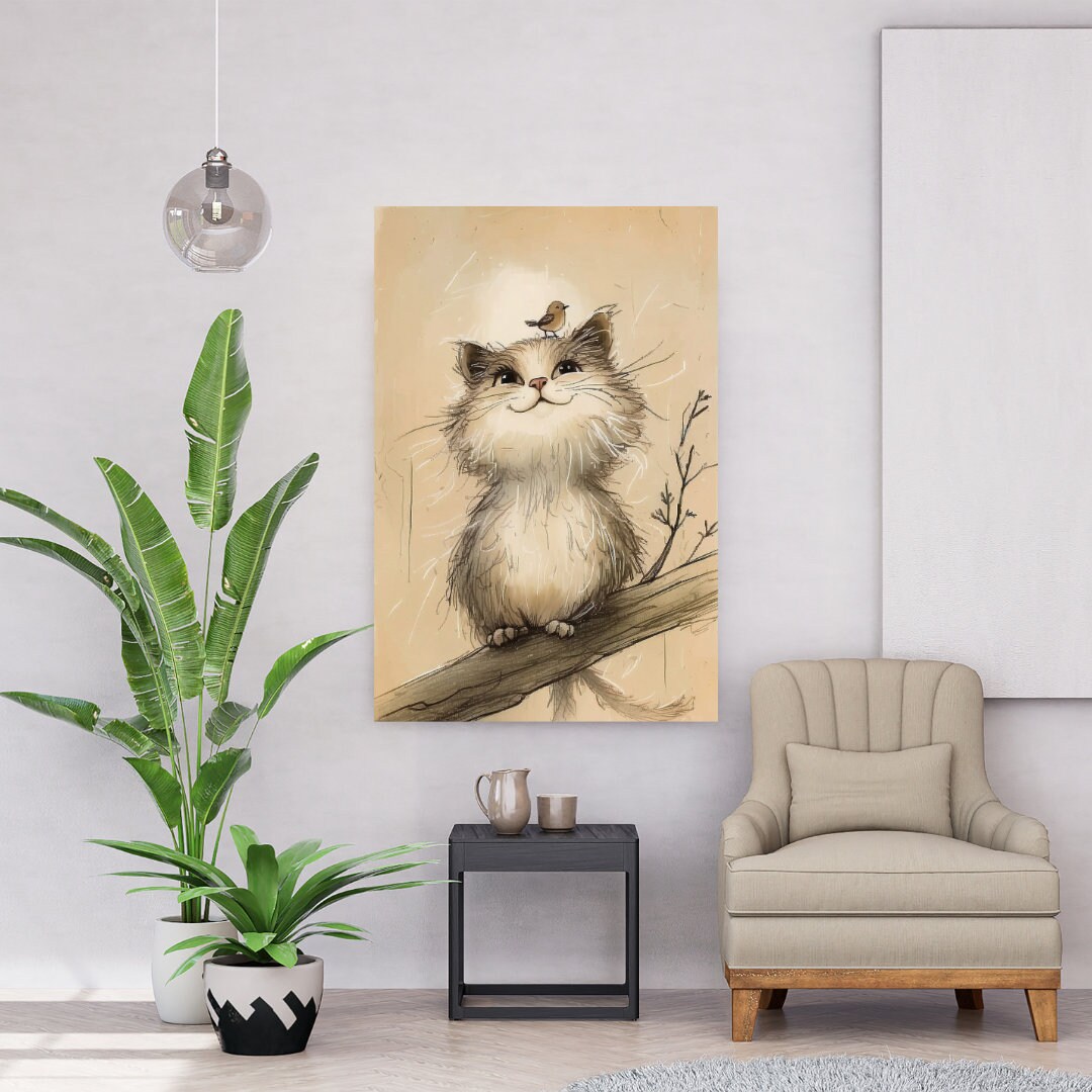 Cute Cat Wall Art, Whimsical Animal Poster, Cat and Bird Friendship ...