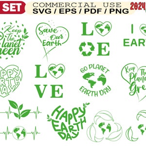 以下が含まれることがあります： 地球の日をテーマにした緑色のSVGカットファイル13点セット。デザインには、「Keep the Planet Green」、「Save Our Earth」、「Love」、「I Love Earth」、「Happy Earth Day」、「Go Planet Earth Day」などのテキストが含まれています。