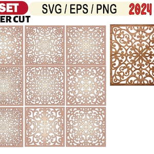 Panel cięty laserowo SVG, ozdobny kwadratowy wzór, projekt cięty na drewno, dekoracyjna sztuka ścienna SVG, pliki laserowe Cricut, panel w stylu mandali, laser svg