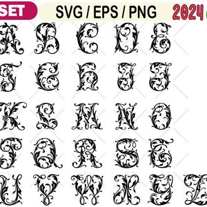 Alfabeto floral SVG, letras decorativas PNG, fuente ornamental EPS, conjunto de monogramas SVG, clipart de letras vintage, diseño intrincado del alfabeto SVG