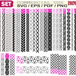 May include: A set of 33 black and white border designs, with pink accents, featuring various patterns like braids, chains, and geometric shapes. The image includes text: "33 SET", "COMMERCIAL USE 2024", and "SVG / EPS / PDF / PNG".
