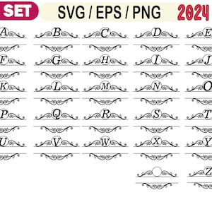 Alphabet monogramme SVG, clipart de lettres florales, initiales vintage PNG, ensemble de polices décoratives, cadres de lettres ornementales, fichiers de découpe de lettres Cricut