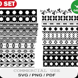 May include: A set of 20 black and white geometric patterns, perfect for crafting projects. The patterns include various shapes, such as stars, diamonds, and waves. The text "20 SET" and "COMMERCIAL USE SVG/PNG/PDF" is included in the image.