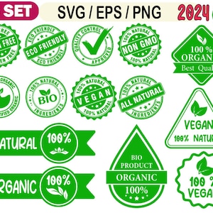 Bio Etiketten SVG, Veganes Abzeichen SVG, Umweltfreundliche Aufkleber, Naturproduktstempel, Bio Label SVG, Grünes Siegel Design, 100% Veganes Logo, Stempel