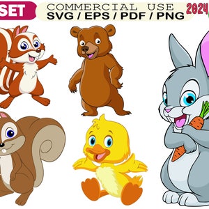 Clipart van bosdieren, SVG van boswezens, schattig konijntje en beer PNG, eekhoorn, eendje, illustraties van kinderdieren, Cricut-dierenbundel