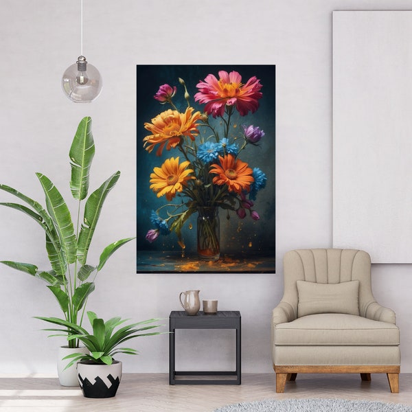 Poster with flowers in oil, Poster with bright flowers, Flower poster, Flowers for home decor, Flower bouquet poster, Floral Botanical poster,