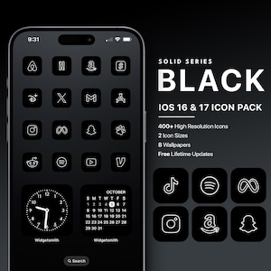 May include: A black iPhone mockup displaying a set of black and white app icons for iOS 16 and 17. The text "SOLID SERIES BLACK" is displayed above the phone. The text "IOS 16 & 17 ICON PACK" is displayed below the phone. The text "400+ High Resolution Icons", "2 Icon Sizes", "8 Wallpapers", and "Free Lifetime Updates" is displayed below the phone.
