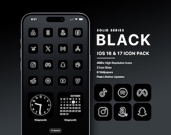 Schwarz iOS Icon-Pack, Minimal Dunkel iOS Icon-Pack, Schwarz-Weiß-Icon-Pack, Dunkel Minimal iOS Icon-Pack, Dunkel-Symbol-Pack, Dunkle Ästhetik