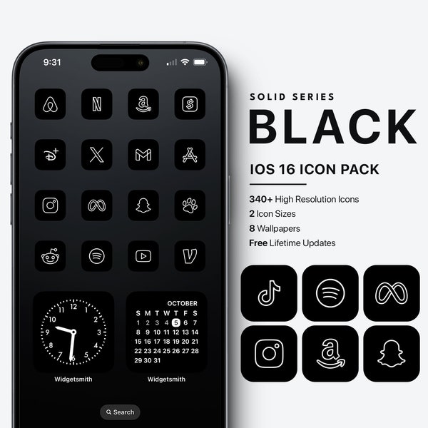 Black iOS Icon Pack, Minimal Dark iOS Icon Pack, Black and White Icon Pack, Dark Minimal iOS Icon Pack, Dark Mode Icon Pack, Dark Aesthetic