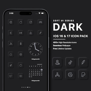 May include: A dark themed iOS icon pack for iOS 16 and 17. The icon pack includes 400+ high resolution icons, a seamless wallpaper, and free lifetime updates. The image shows a phone screen with a selection of icons, including social media apps, a calendar, and a clock.