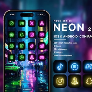 May include: A smartphone screen displaying a neon-themed icon pack for iOS and Android. The icons are outlined in neon green, pink, and blue. The text "NEON 2.0" is displayed in a large font at the top of the screen. The text "IOS & ANDROID ICON PACK" is displayed below the title. The text "500+ High Resolution Icons", "8 Colors", "20+ Wallpapers", "9 Widgets", and "Free Lifetime Updates" is displayed below the title.