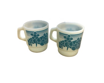 2 Vintage Anchor Hocking Fire King Mugs , Coffee Mugs , Turquoise Blue Flower Mug , Collectibles