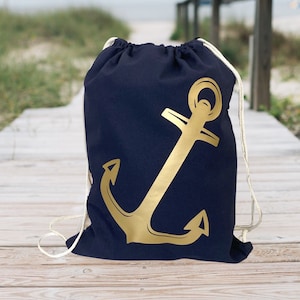 Anchor Canvas Drawstring Backpack Beach Bag Nautical Gym Bag Coastal Style Gift for Him or Her Beach Bag with Anchor Print Wedding Party Bag