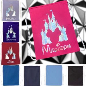 Disney Castle Minnie Personalized Drawstring Park Bag Custom Name Gift Bag for Disney Trips Birthday Magical Celebrations Gym Cinch Backpack