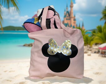 Pink Minnie Mouse Beach Tote Bag with Polka Dot Bow | Disney Vacation Cruise Beach Bag | Cute Summer Tote for Women & Kids