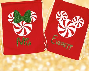 Peppermint Swirl Minnie & Mickey Inspired Personalized Christmas Drawstring Bag Custom Name Santa Sack Holiday Candy Gift Bag Disney Park
